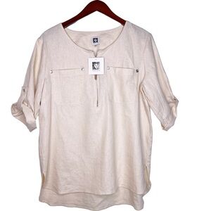 ANNE KLEIN NWT Tassel Zip Popover Rolled Sleeve Top Size Large in Linen Cream